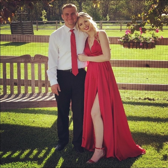 Red Prom Dress, V-neck, full leg slit, size is 0 Worn once, like new condition. - Picture 1 of 3